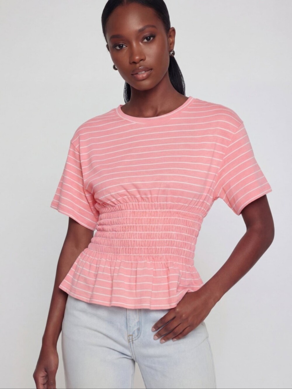 Women's Pink Striped Smocked Peplum Tee